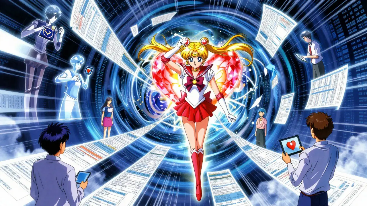 Heroic anime figure managing a stream of patient data and safety signals