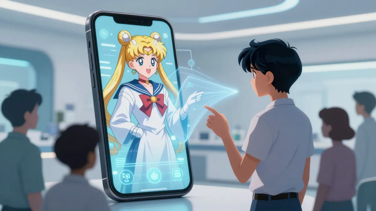 Holographic pharmacist projecting from phone in anime style