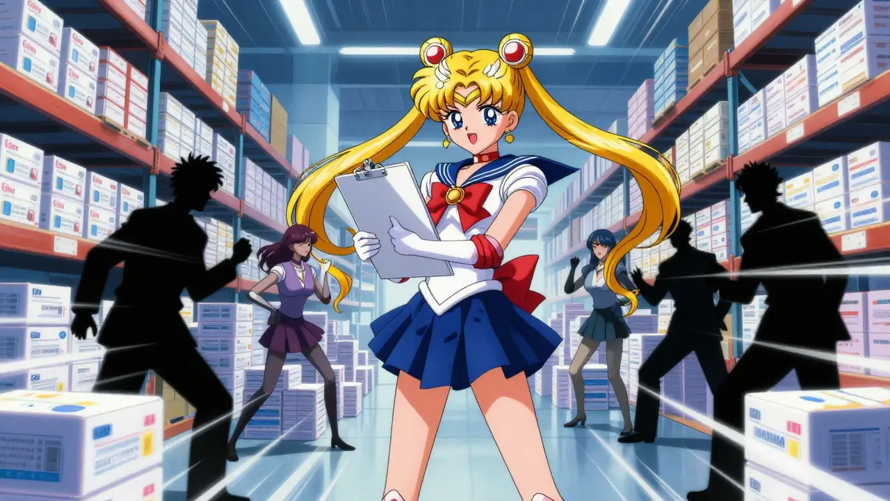 Magical girl anime character overseeing massive generic drug warehouse negotiations
