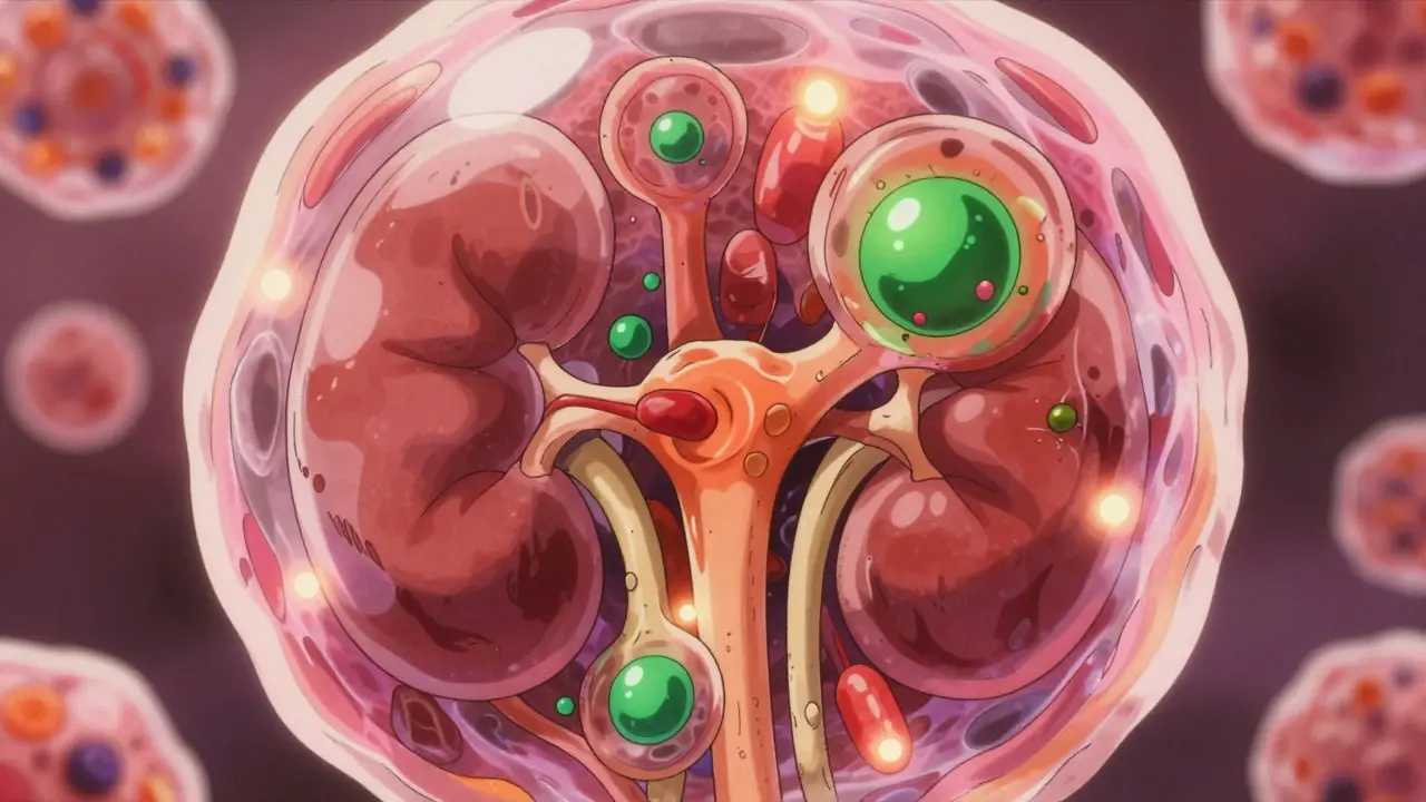 Microscopic anime view of kidney cells accumulating toxic drug droplets
