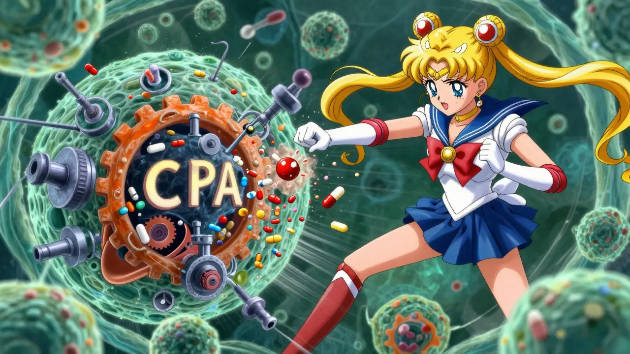 Microscopic anime view of liver enzymes breaking down drugs