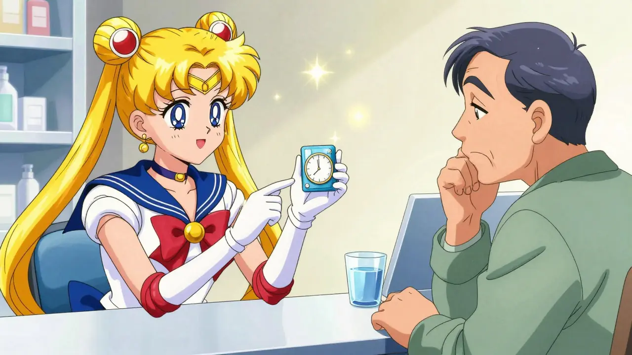 Pharmacist explaining medication symbols to patient in anime style