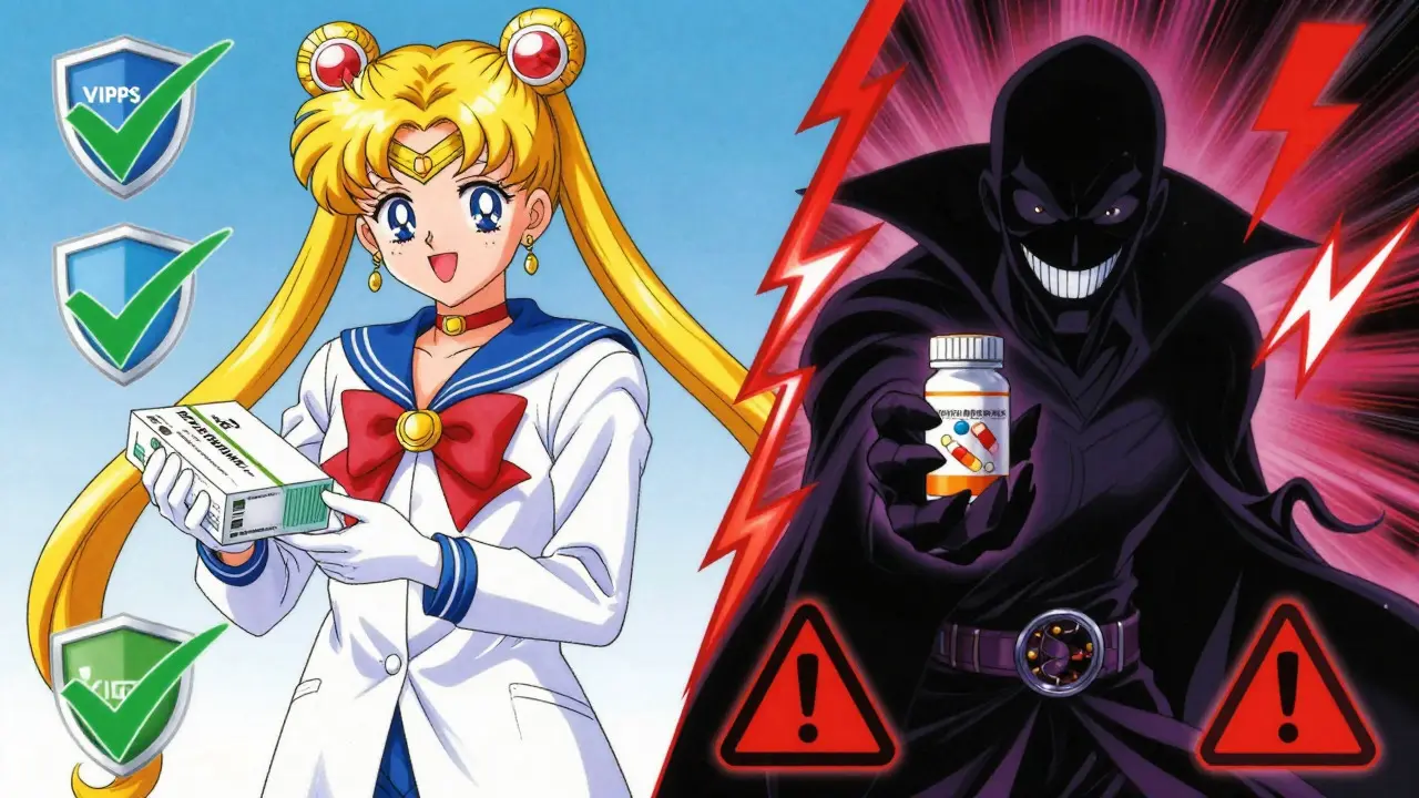 Safe pharmacist vs scammer comparison in Sailor Moon style