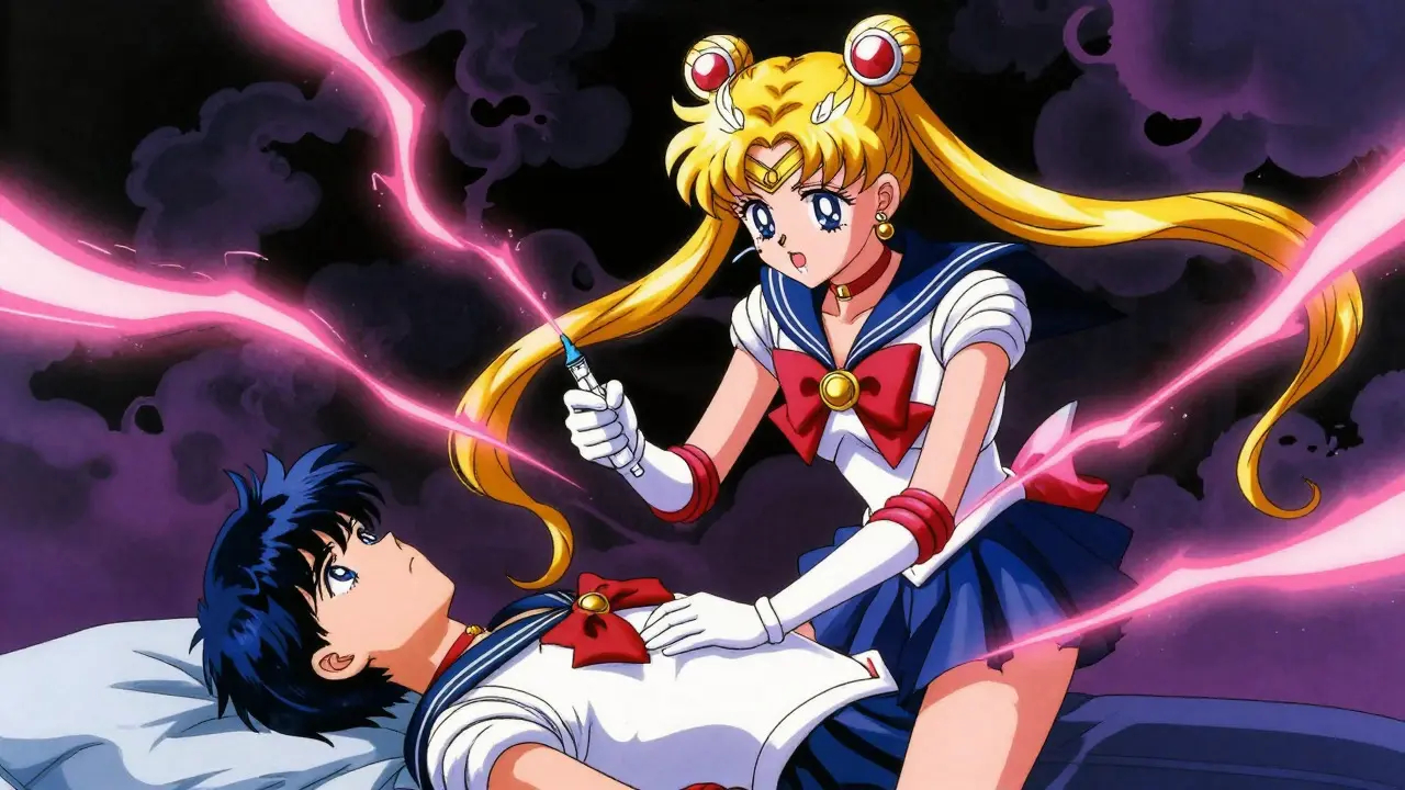 Sailor guardian injecting epinephrine to save someone from allergic shock