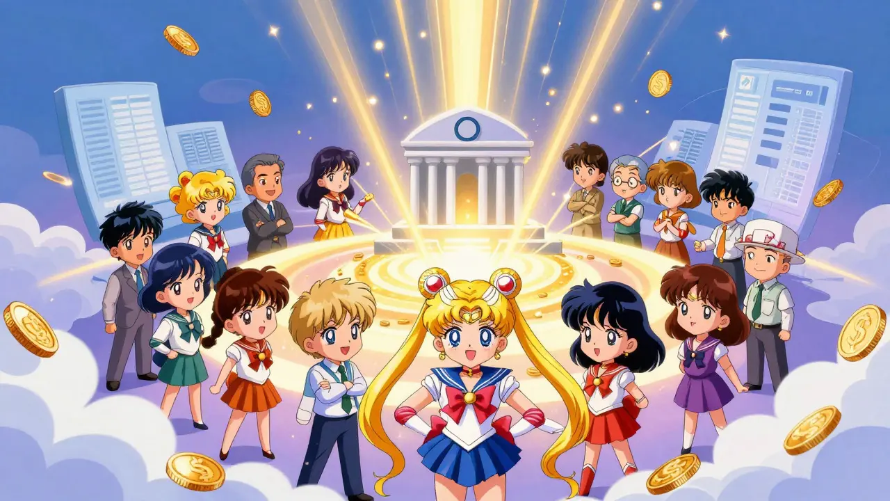Sailor Moon style art showing golden light flowing from a government building to people