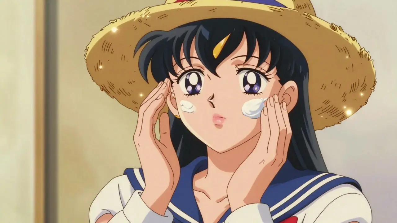 Sailor Moon style close-up of a person applying sunscreen and wearing a wide-brimmed hat