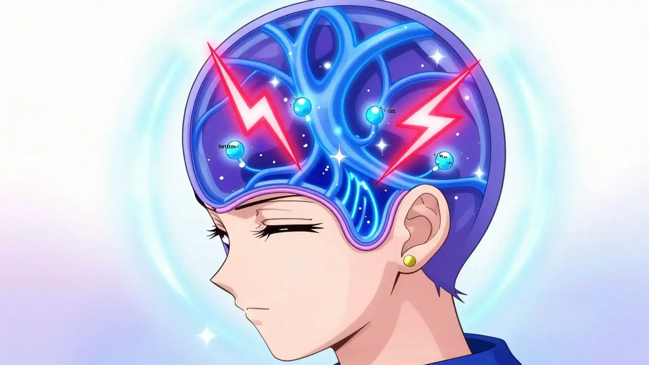 Stylized anime cross-section of a head showing blood vessel constriction