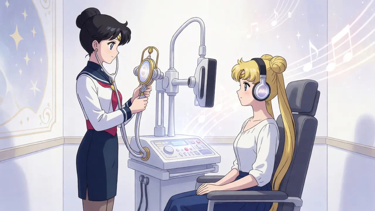 Audiometric test depicted as a magical transformation scene with glowing equipment