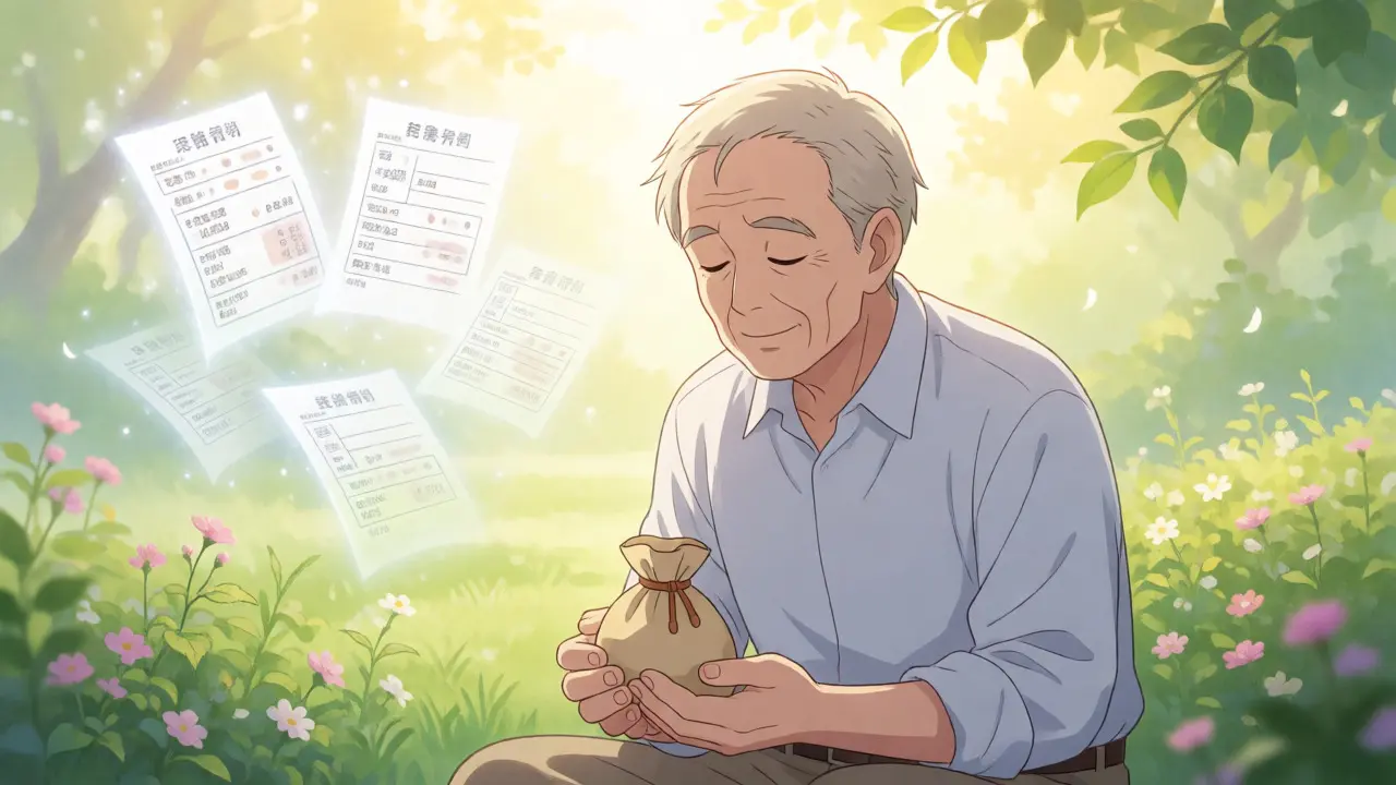 Elderly man relaxing in a garden with a simple pouch of pills