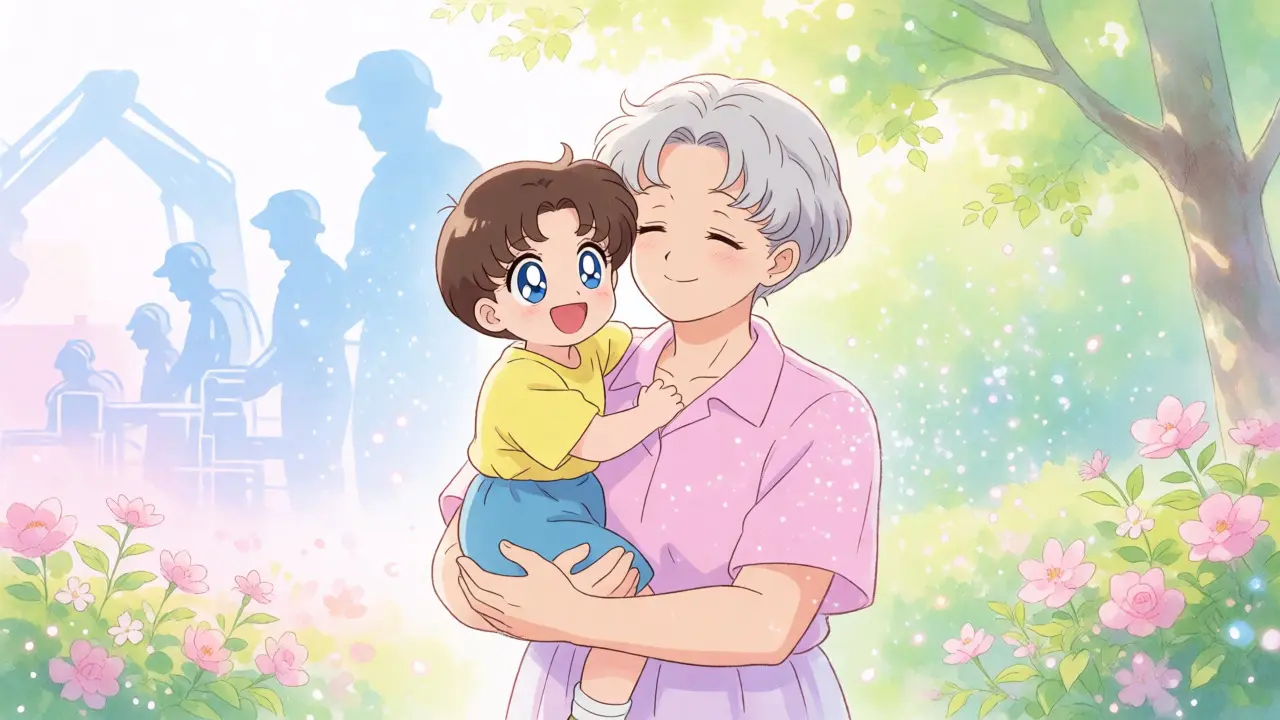 Elderly person and child in a sunny garden symbolizing preserved hearing in anime style