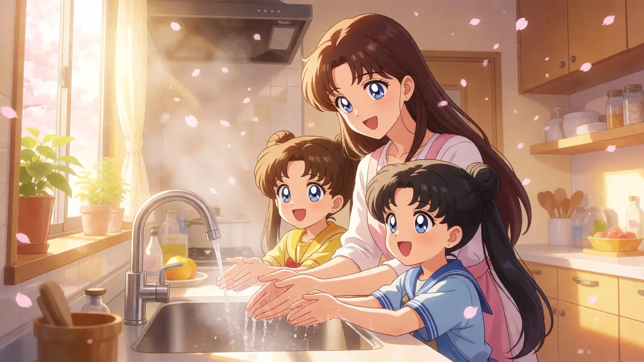 Family washing hands together in sunny kitchen