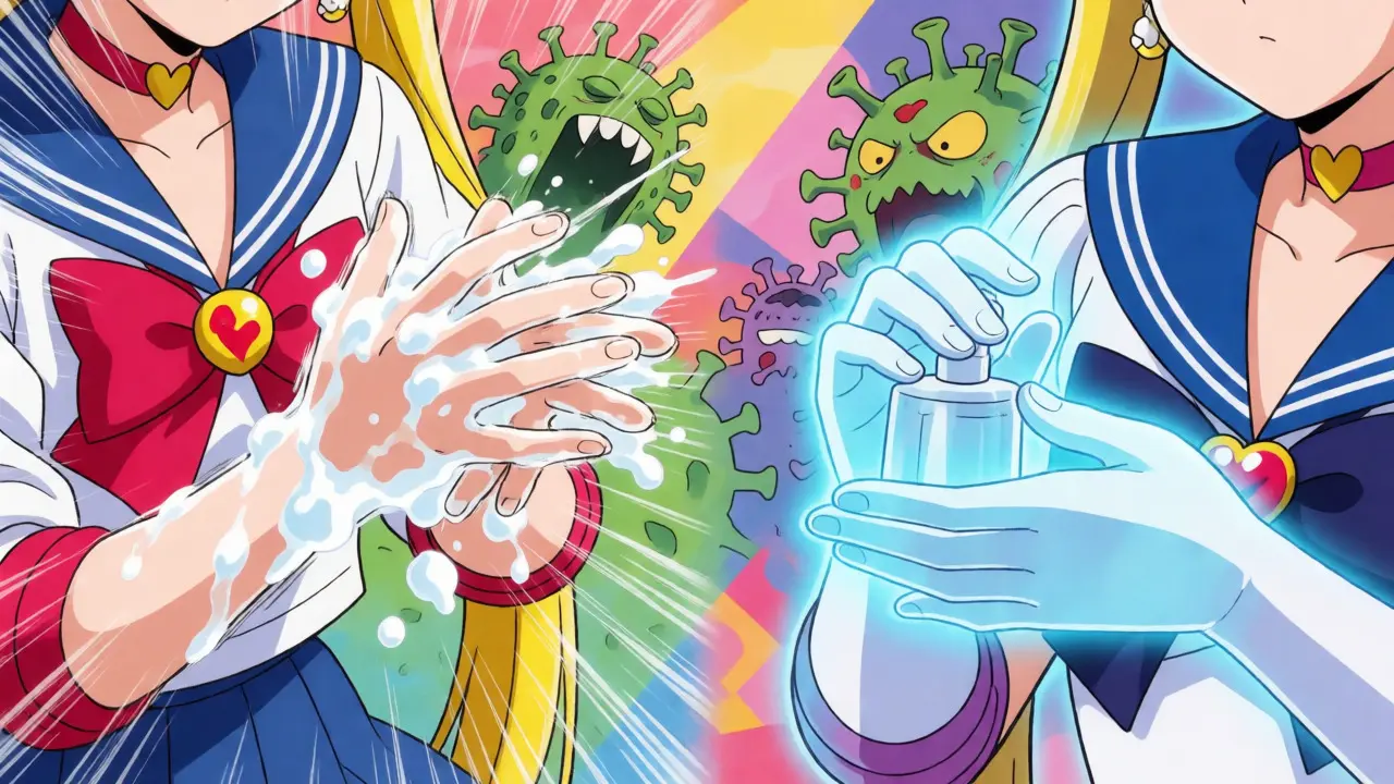 Split screen showing soap vs sanitizer in anime style